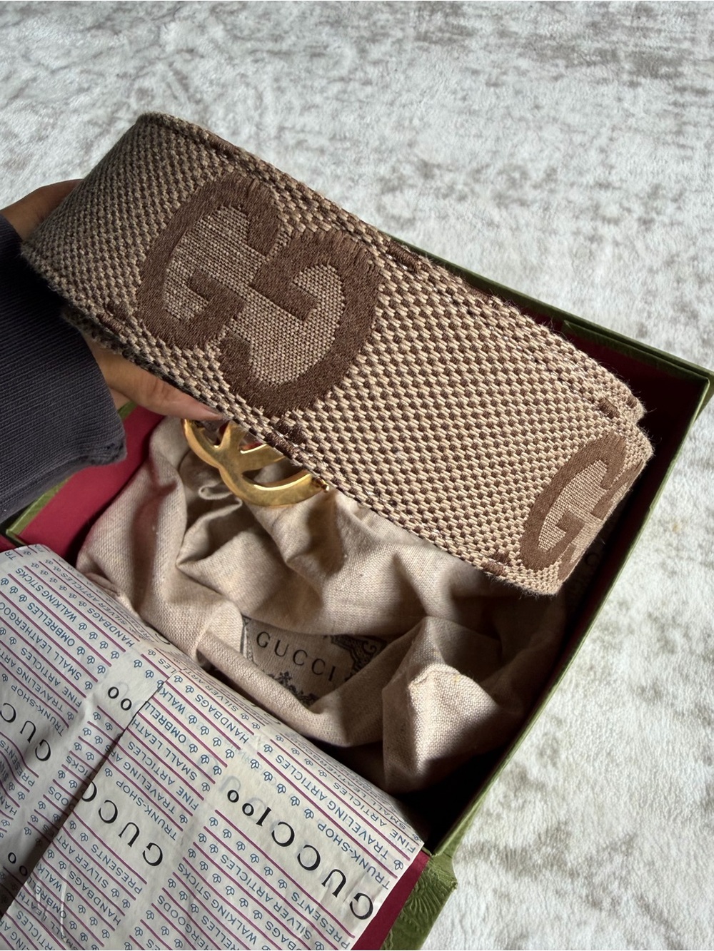 Gucci Brown Monogram Canvas Belt with Gold Double-G Buckle - Picture 2 of 7
